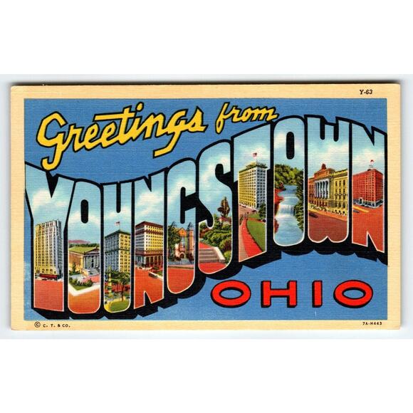 Greetings From Youngstown Ohio Large Big Letter Linen Postcard Curt Teich Unused - Picture 1 of 2